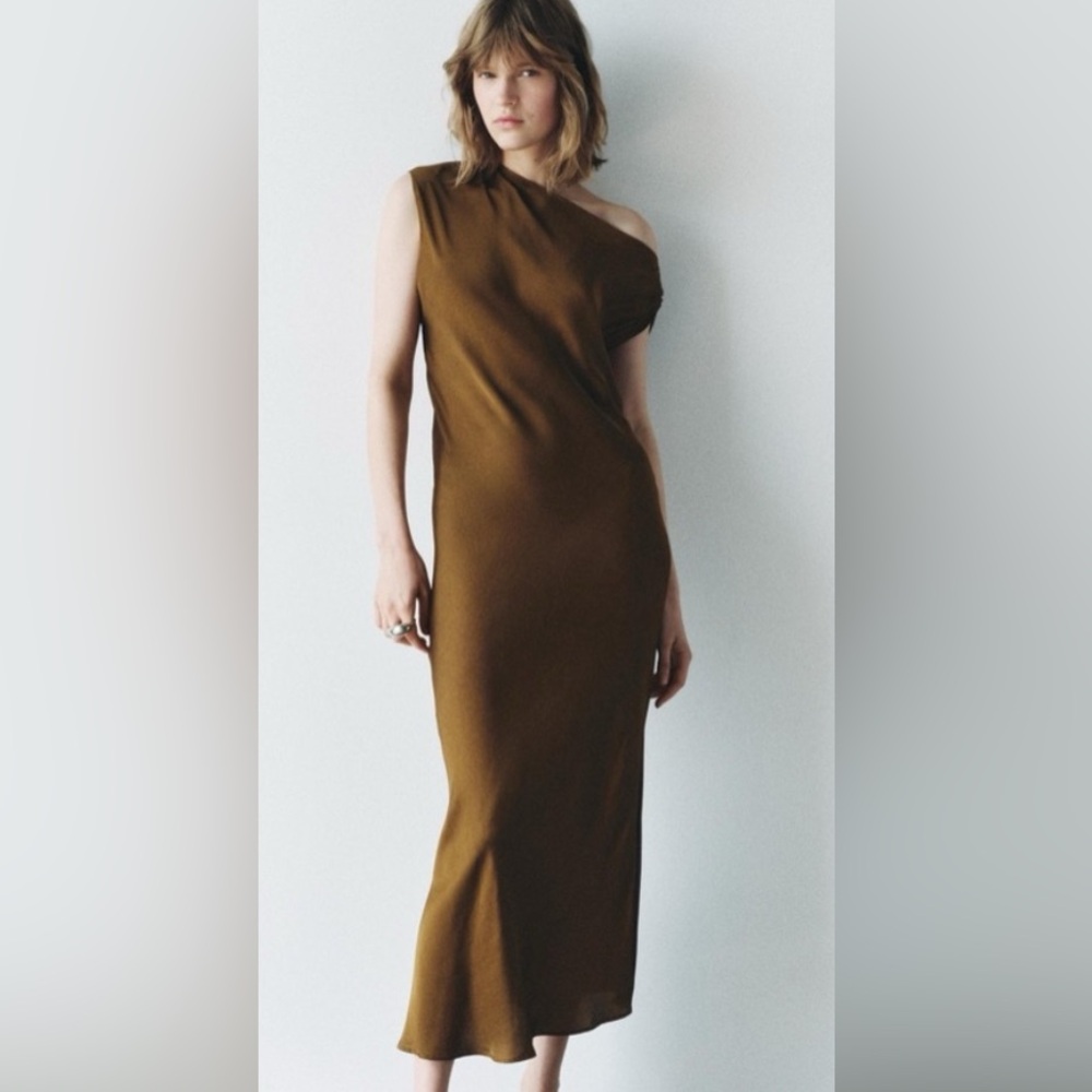 Zara One-Shoulder Midi Brown/Gold Dress Womens M